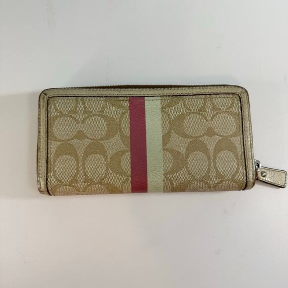 Coach Continental Wallet Brown Pink Designer Leather Signature Stripe Zip Around - Picture 6 of 14